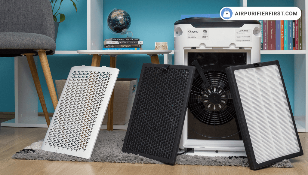 Okaysou AirMax8L - Filter Cover, Duo Filter (Activated Carbon Filter + Cold Catalyst Filter), Ultra Filter (HEPA Filter + Antimicrobial Filter) - 
(looking from left to right)