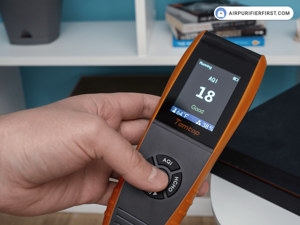 The Temtop air quality monitor I use when testing air purifiers