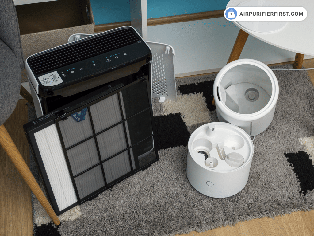 An air purifier and humidifier side by side